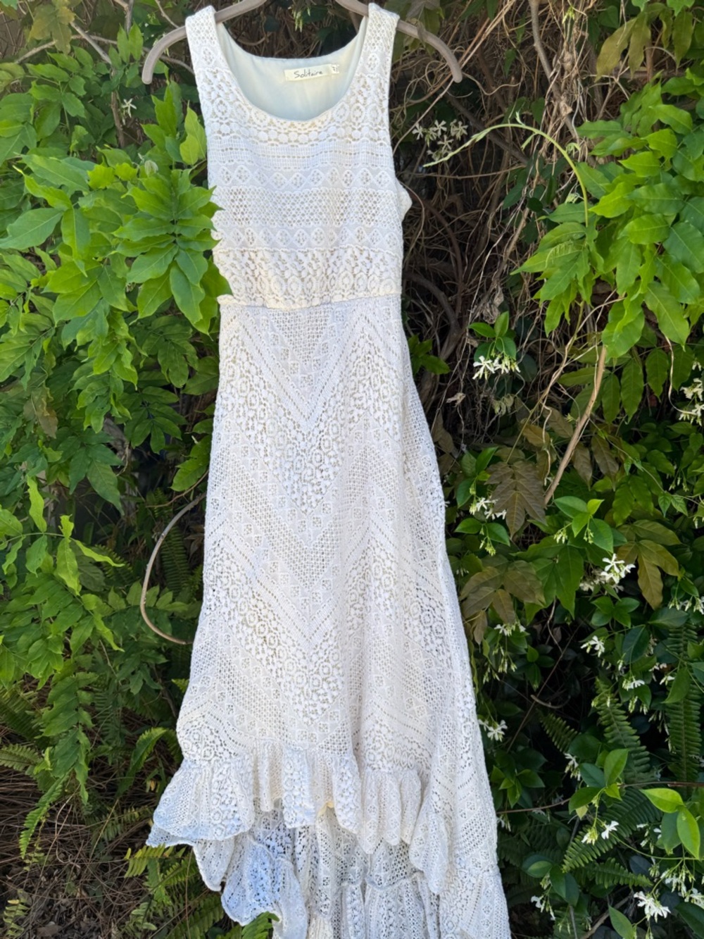 Solitaire cream/tan  Crochet Sleeveless Maxi Dress with Ruffle Hem